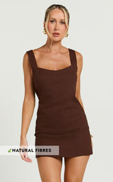 Kat Mini Dress - Linen Square Neck Dress in Chocolate